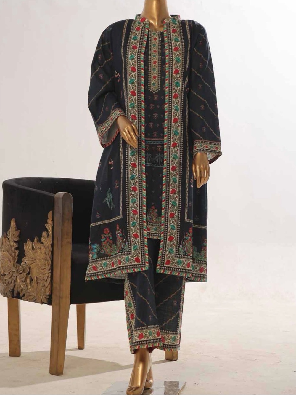 3pc By Bin Saeed Printed Black Ethnic Jacket suit with inner and trouser